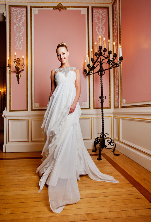 Model wearing a Priscilla Couture Enamored wedding dress