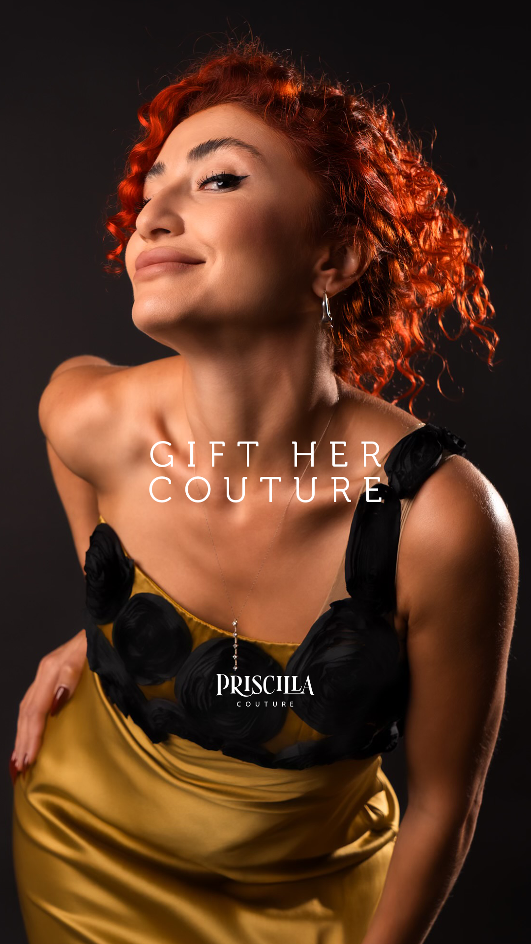 Model in a Priscilla Couture evening wear dress and Gift Her Couture overlay text and Priscilla Couture logo.