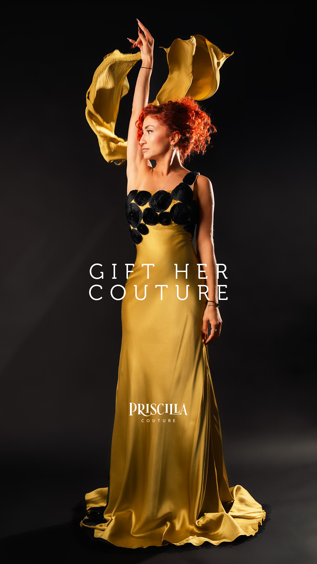 Woman in Priscilla Couture evening wear dress and Gift Her Couture text overlay.