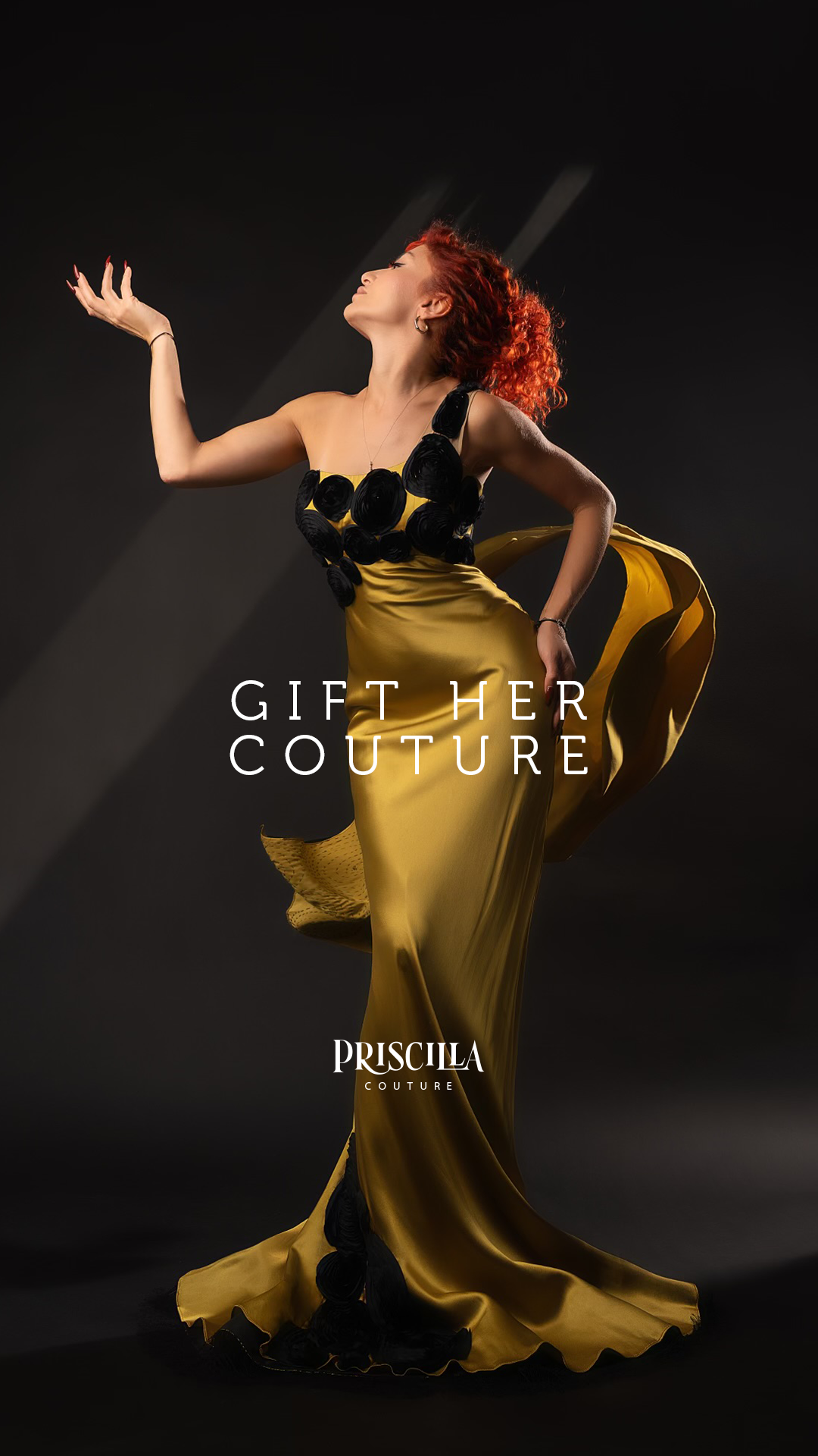 Woman in Priscilla Couture evening wear dress and Gift Her Couture text overlay.