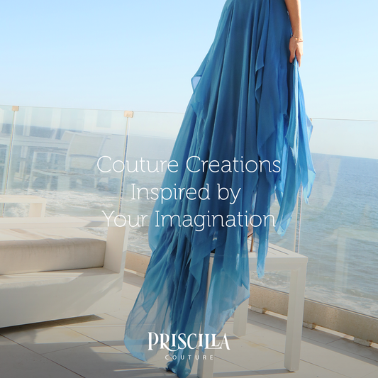 Model in a layered blue skirt standing on a table, Priscilla Couture branding and overlay text