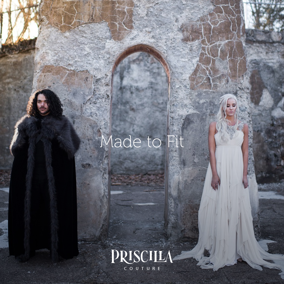 Bride and Groom in a fantasy themed wedding. Bride dressed in a Priscilla Couture wedding dress.