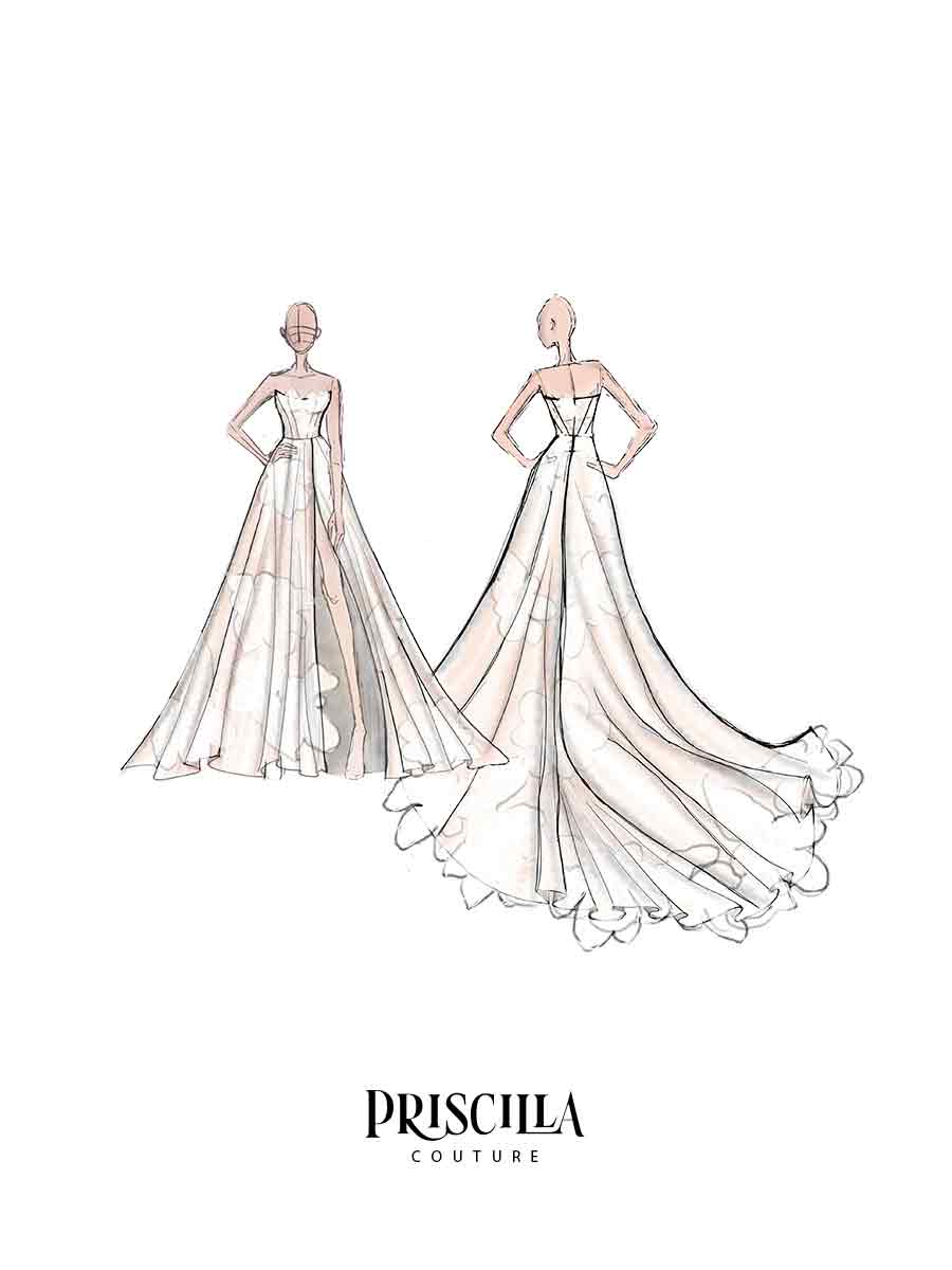Priscilla Couture wedding dress sketches and logo
