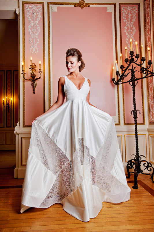 Model wearing a Priscilla Couture Bound wedding dress