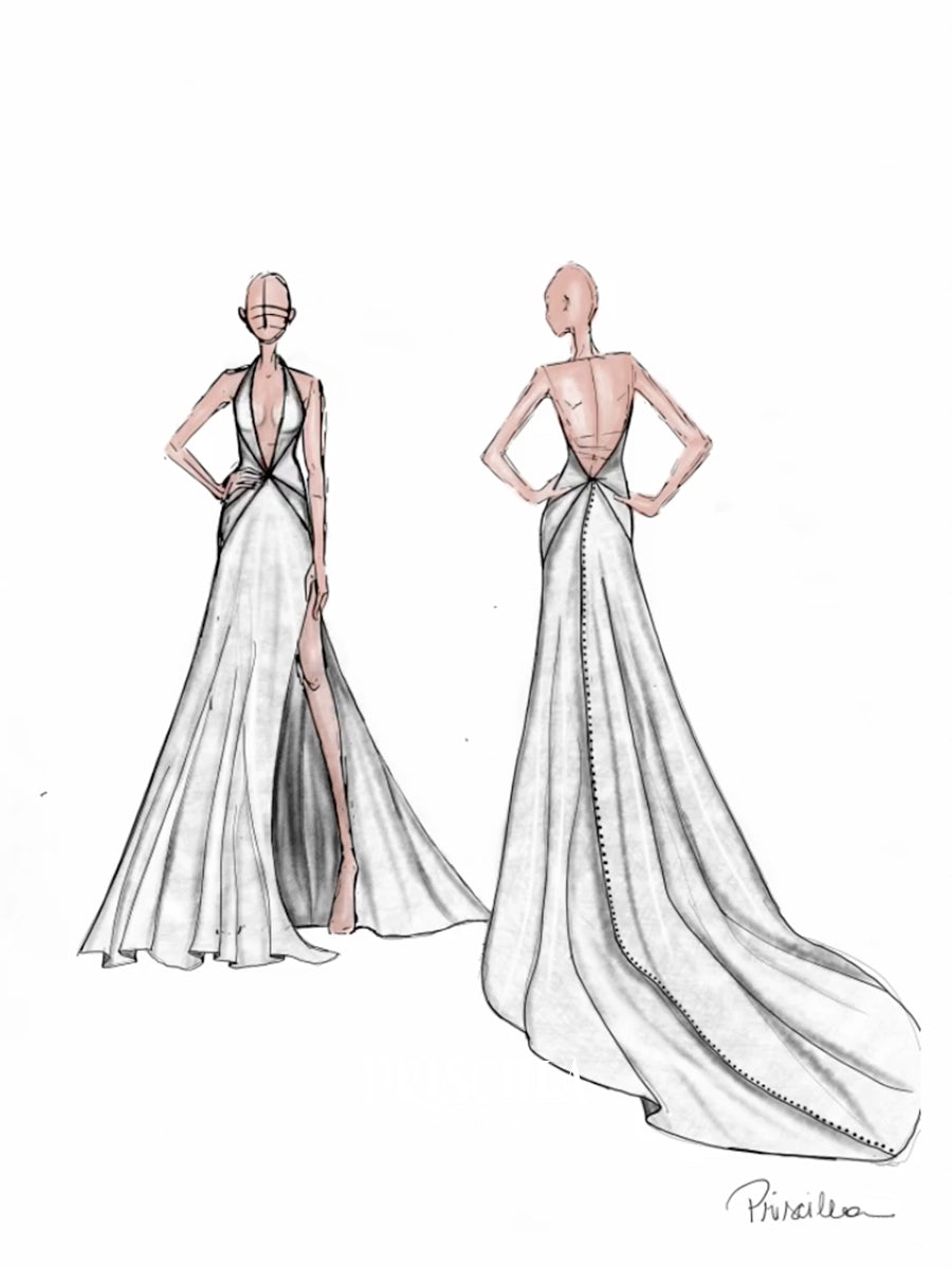 Fashion illustration showing two views of a Priscilla Couture custom formal gown on stylized figures: a front view with a high slit and back view with a long train and open back, rendered in black line art with soft blush skin tones on a white background.