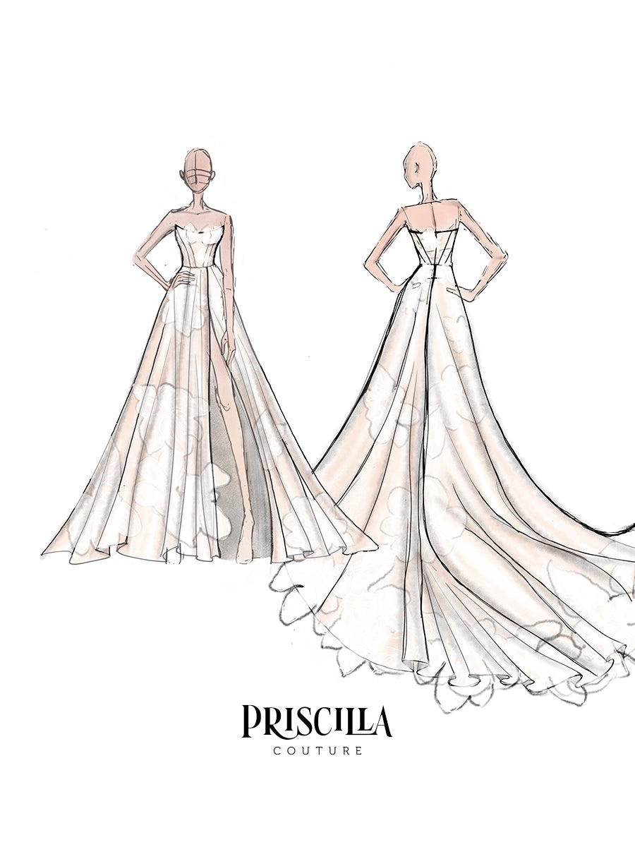 Priscilla Couture custom fashion illustration sketch showing two views of a strapless A-line gown with a long train, rendered in soft blush and gray washes on a white background, with the text PRISCILLA COUTURE below.
