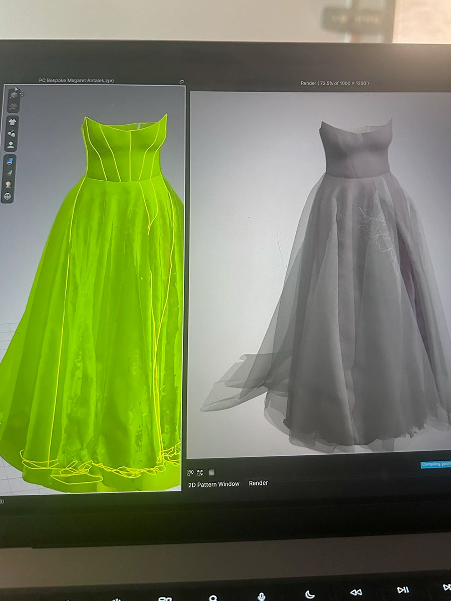 A computer monitor showing a Priscilla Couture custom 3D dress rendering, with a bright neon green strapless gown on the left and a gray strapless gown on the right.