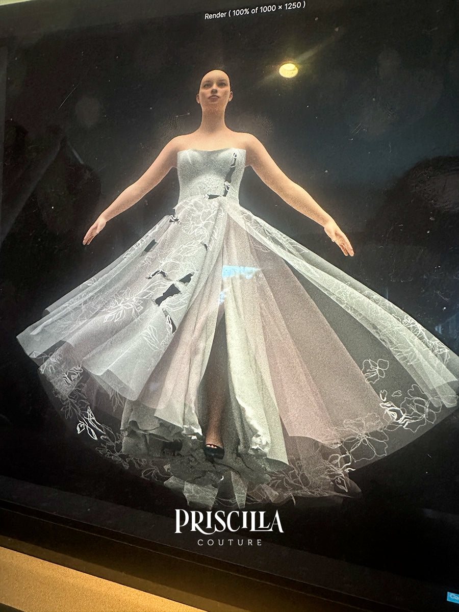A digital rendering of a Priscilla Couture custom strapless gown, featuring a structured bodice and a voluminous tulle skirt with delicate floral embroidery and black bird motifs, set against a dark background.
