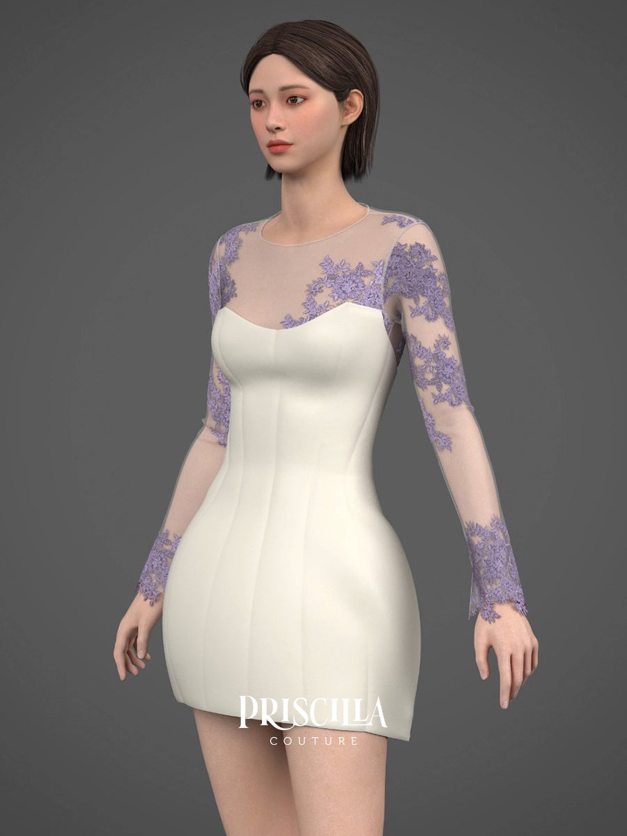 A 3D-rendered female model wearing a Priscilla Couture custom fitted white mini dress with sheer lavender lace sleeves and lace across the shoulders, shown against a dark gray studio background. The brand name PRISCILLA COUTURE appears at the bottom.