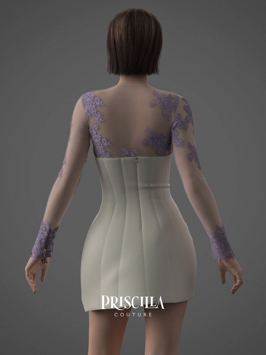 A 3D-rendered model shown from the back wearing a Priscilla Couture custom short ivory bodycon dress with sheer lavender lace sleeves and lace detailing across the upper back. The brand name 'PRISCILLA COUTURE' is visible as a watermark at the bottom.