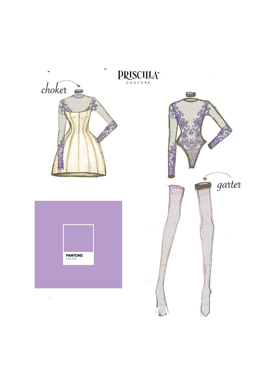 Fashion illustration sheet from Priscilla Couture showing a cream choker dress with purple lace sleeves, a matching bodysuit, and fishnet stockings, alongside a Pantone color swatch in lavender.