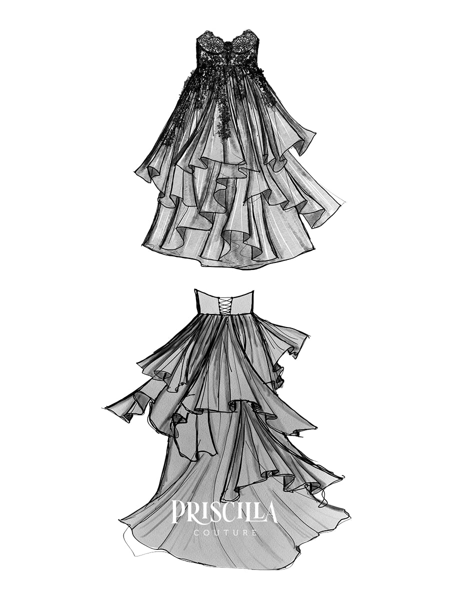 Black and white fashion wedding gown sketch showing two views of a dramatic, multi-layered ruffled gown, with the brand name 'PRISCILA COUTURE' printed at the bottom.