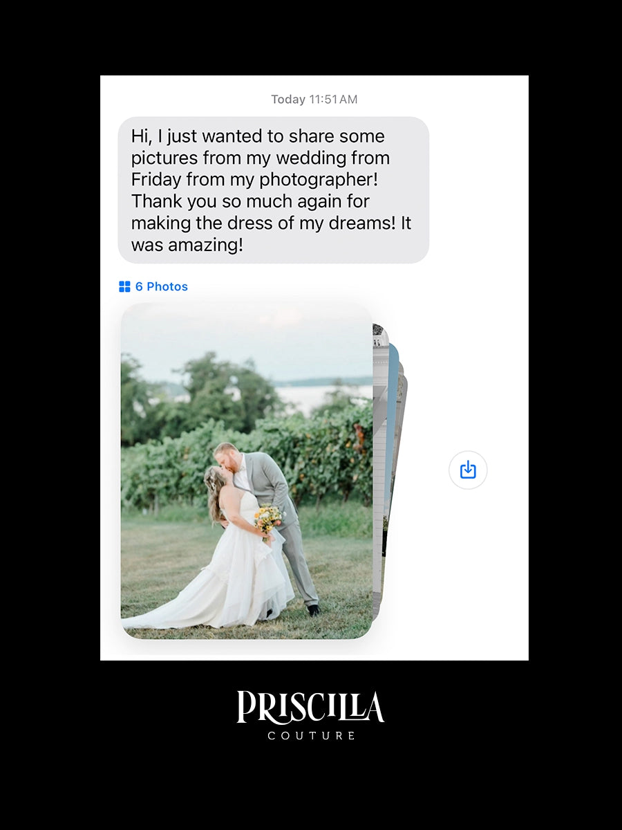 A digital mockup of a wedding invitation card featuring a screenshot of a text message with a photo of a bride and groom, presented on a black background with the brand name 'PRISCILLA COUTURE' at the bottom.