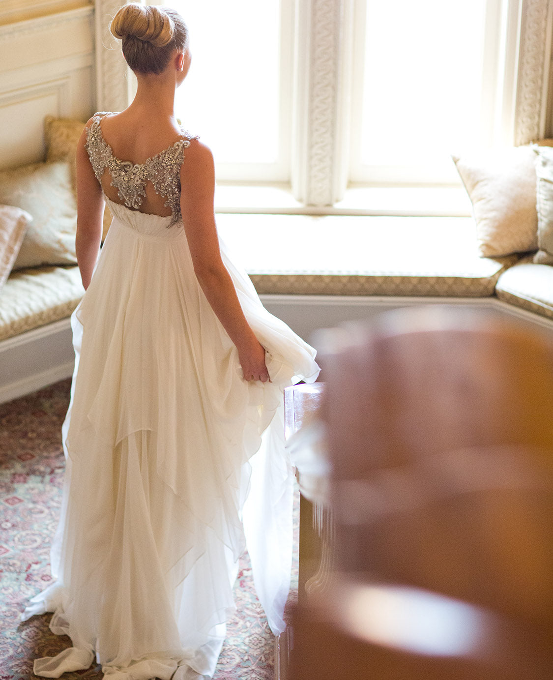Model wearing a Priscilla Couture Enamored wedding dress